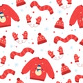 Seamless pattern of red winter hat, mittens, scarf and sweater. Winter elements on white background. Doodle style. Royalty Free Stock Photo