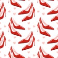 Seamless pattern, red women\'s glamor shoes on the background of hearts. Background, print vector Royalty Free Stock Photo