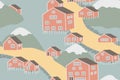 Seamless pattern of red wooden houses near the river or sea. Vector illustration in blue, green yellow pastel colors Royalty Free Stock Photo