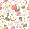 Seamless pattern with red and yellow apples, flowers and leaves. realistic vector illustration Royalty Free Stock Photo