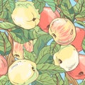 Seamless pattern with red and yellow apples and leaves. realistic vector illustration Royalty Free Stock Photo