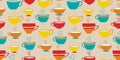Seamless pattern with red yellow blue painted tea cups coffee background, perfect for fabric, wallpaper, packaging, kitchen decor Royalty Free Stock Photo