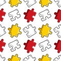 Seamless pattern with red and yellow cartoon jigsaw puzzles pieces on white background. Hand drawn vector sketch illustration in