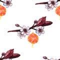 Seamless pattern with chinese lanterns and cherry flowers Royalty Free Stock Photo