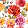 seamless pattern of red and yellow dahlias and roses. watercolor print with garden flowers in autumn colors. Royalty Free Stock Photo