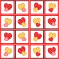 Seamless pattern with red and yellow hearts in patchwork style