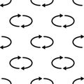 Seamless pattern with refresh, reload, repeat icons on white background. Black simple circle arrows. Vector illustration for