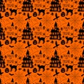 Seamless pattern halloween silhouettes on orange Royalty Free Stock Photo