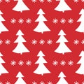 Seamless pattern with repeated silhouettes of Christmas trees and snowflakes drawn by hand.