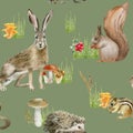 Seamless pattern repeated tile of watercolor animals