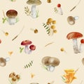 Seamless pattern repeated tile of watercolor mushrooms