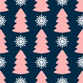 Seamless pattern with repeating colored silhouettes of snowflakes and Christmas trees. New year print.