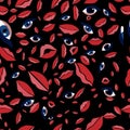 Seamless pattern with repeating eyes and lips. Girlish print. World Kiss Day, Valentine s Day