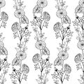 Seamless pattern with repeating linear ornament of wildflowers chicory, bell, dandelion.