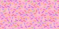 Seamless pattern repeating seamless texture of pink donut glaze with many decorative sprinkles.