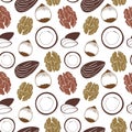 Seamless pattern repeating tile with variety of nuts in brown colors. Outline, silhouette. For snack, chocolate bar, sweets, vegan