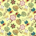 Seamless pattern of reseda green,myrtle green,fire brick,arylide yellow color frog, puce, olivine color flowers.