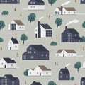 Seamless pattern with residential houses or village cottages in Scandic style and walking people. Backdrop with suburban