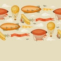 Seamless pattern with retro air transport. Vintage aerostat airship, blimp and plain in cloudy sky