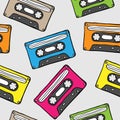 Seamless pattern with retro audio cassette. Hand drawn old audio tape