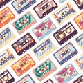 Seamless pattern with retro audio cassettes. Background with old stereo tapes with pop music records of 80s. Colorful