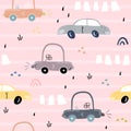 Seamless pattern with retro cartoon car. vector print. Perfect for kids fabric,textile,nursery wallpaper. Printable templates