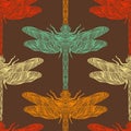 Seamless pattern in retro colors with ornate dragonfly.