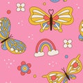 Seamless pattern with retro daisies, butterflies and rainbow. Summer simple minimalist flowers. 70s groovy style