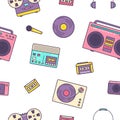 Seamless pattern with retro electronic devices on white background - analog music players, cassette recorder, boombox