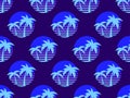 Seamless pattern with retro futuristic palm trees in 80s style at sunset. Palm trees on the background of the sun, synthwave style