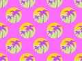 Seamless pattern with retro futuristic palm trees in 80s style at sunset. Palm trees on the background of the sun, synthwave style