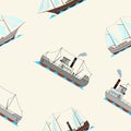 Seamless pattern with retro ocean ships in cartoon style on beige background