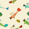 Seamless pattern with retro planes and bags in cartoon style on beige background