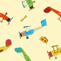 Seamless pattern with retro planes and luggage in cartoon style on beige background