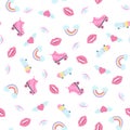 Seamless pattern with retro roller skates, lips, rainbow, heart with wings, mystical eye. Vintage texture in 80s 90s Royalty Free Stock Photo