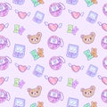 Seamless pattern with retro 90s girl toys, game console and cute bears Royalty Free Stock Photo