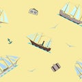 Seamless pattern with retro sailing ships, seagulls and luggage in cartoon style on beige background