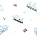 Seamless pattern with retro sailing ships, seagulls and luggage in cartoon style on white background
