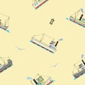 Seamless Pattern With Retro Steam Ships And Seagullss In Cartoon Style On Beige Background