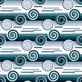 Seamless pattern in retro style. Disco wavy blue background for fashionable prints in funk style. An unusual psychedelic