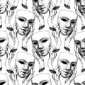 Seamless pattern in retro style. Mask in hands. dramatic theater. Hypocrite pretender, trickster, many faces. Vintage