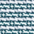 Seamless pattern in retro style. Wavy blue background for fashionable prints in funk style. Unusual psychedelic water