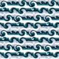 Seamless pattern in retro style. Wavy blue background for fashionable prints in funk style. Unusual psychedelic water