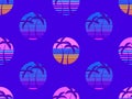 Seamless pattern with retro sun with palm trees 80s style. Silhouettes of palm trees at sunset. Design for printing t-shirts, Royalty Free Stock Photo