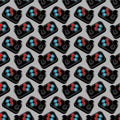 Seamless pattern with retro video game controllers on a dark, black background. Design for gaming accessories, merchandise, or Royalty Free Stock Photo