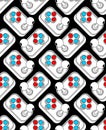 Seamless pattern with retro video game controllers featuring a white outline and shadows on a black background. Design for gaming Royalty Free Stock Photo