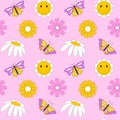 Seamless pattern with retro, vintage simple flowers, daisies, butterflies. Doodle flowers with a stroke. Great for