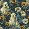 Seamless pattern of retro yellow and blue wildflowers with whimsical white ghosts for fabric design Royalty Free Stock Photo