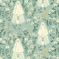 Seamless pattern of retro yellow and blue wildflowers with white ghosts for cottagecore fabric decor Royalty Free Stock Photo