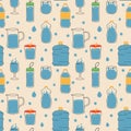 Seamless Pattern with Reusable container for liquids. Bottle, tumbler, sports water bottle